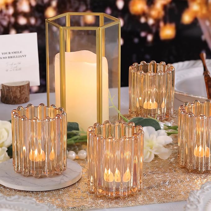 Glass Gold Votive Candle Holder, Ribbed Votive Candle Holders Set of 12, Tealight Candle Holder for Wedding Centerpieces Dinner Party Table Decor