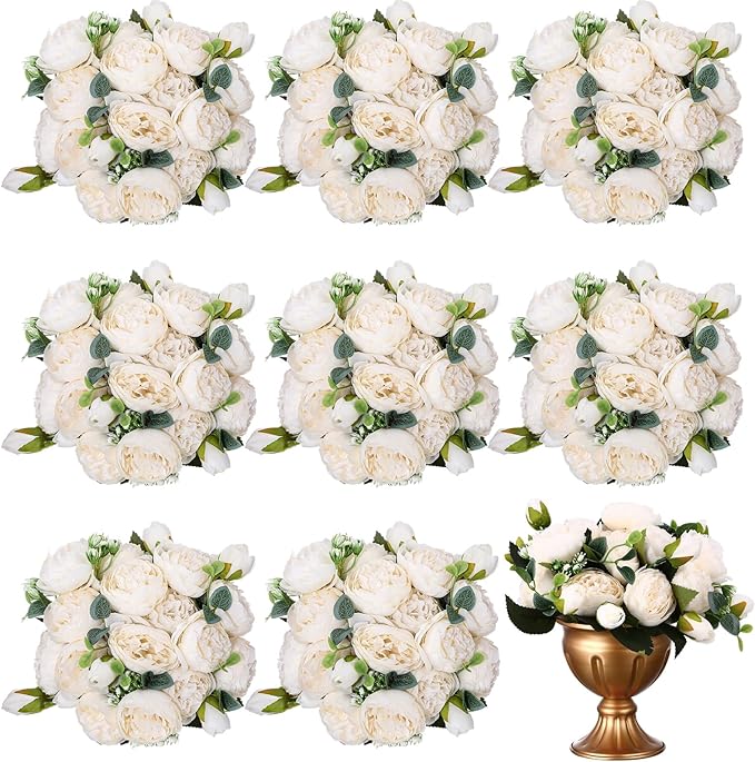 Hoteam 24 Bundles Artificial Peonies Flowers Wedding Faux Flowers Silk Peony Bouquet Bulk Bride Fake Florals Arrangements for Table Centerpieces Wedding Party Vase Decor (White)