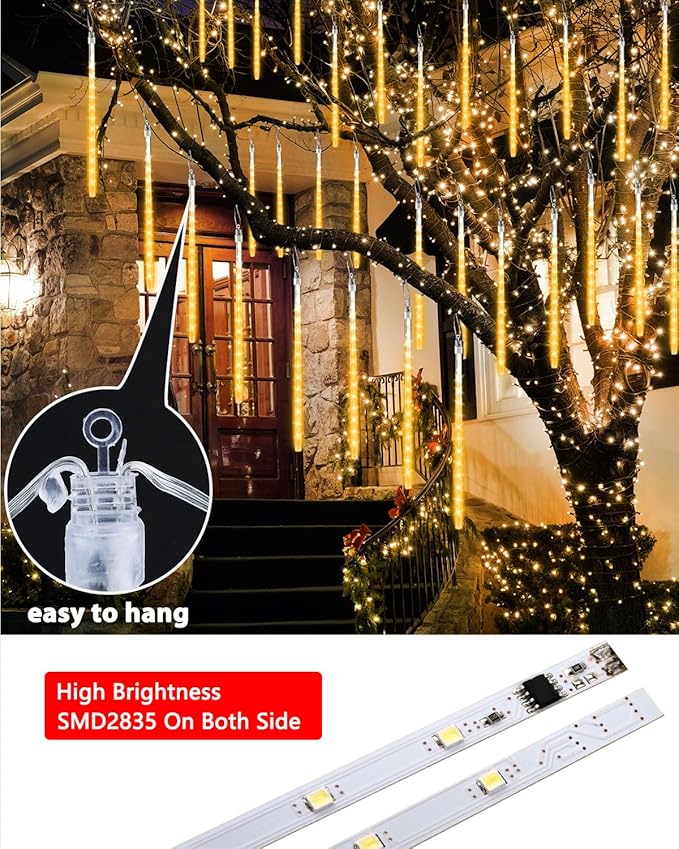 Joomer Christmas Lights Outdoor, 11.8 inch 10 Tubes 240 LED Meteor Shower Lights, LED Snow Falling Icicle Cascading Light with Timer Waterproof and Connectable for Christmas Decoration (Warm White)