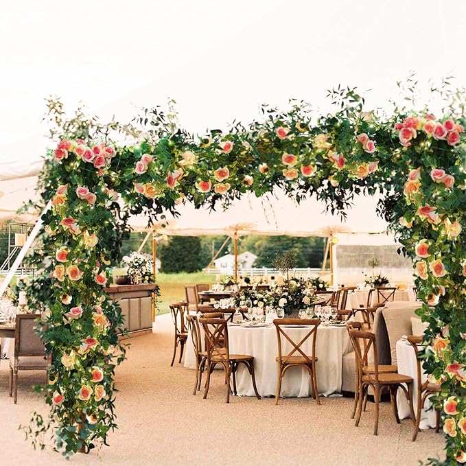 RECUTMS 4pcs Hanging Rose Flower Artificial Plants 32-in Fake Ivy Vine with 30 LED Fairy String Lights Outdoor UV Resistant Plastic Roses for Home Room Wedding Decor (Champagne)