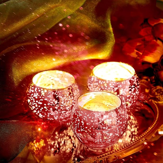 Rtteri 12 Set Votive Candle Holders Wedding Centerpiece Table Decorations Speckled Mercury Glass Votive Candle Holders with Tea Lights Birthday Party Decorations for Home (Pink)
