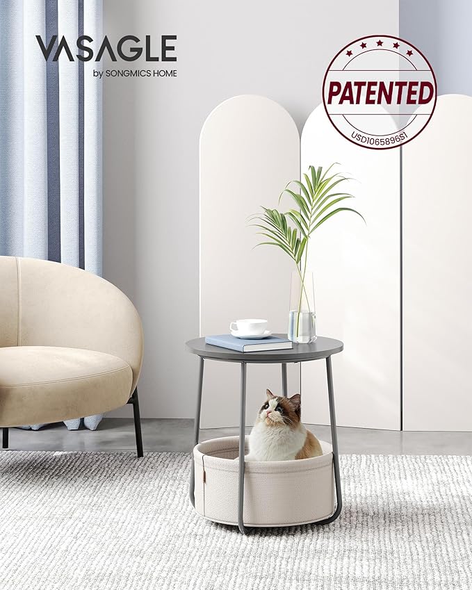 VASAGLE LILEA Collection - Small Round Side End Table, Modern Nightstand with Fabric Basket, Cement Gray and Cream White ULET223G49