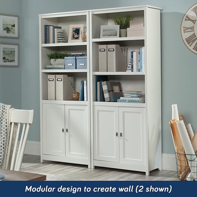 Sauder Cottage Road Book Shelf, Bookshelf with Storage, Library Bookcase with Doors and Adjustable Shelves, in Soft White Finish