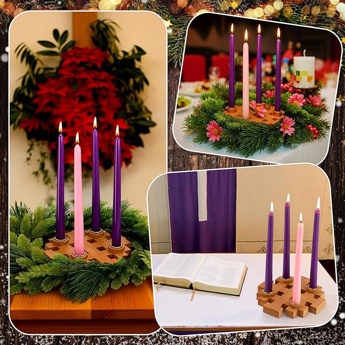 Mumufy 5 Pcs Advent Candle Holder Set Christmas Centerpiece Religious Decorations Snowflake Shape Wooden Advent Candlestick Holders with Purple Pink Taper Candles for Thanksgiving Christmas Nativity