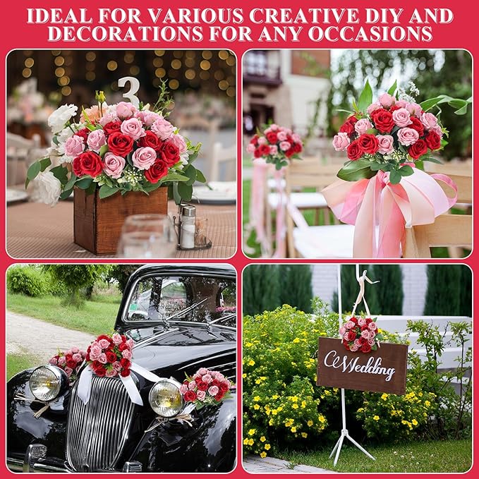 Zeyune 8 Pack 12 Inch Wedding Bouquets for Bride Bridesmaid Red and Pink Artificial Rose Bouquet Fake Silk Roses Flowers Bunches Bulk for Home Office Garden Parties Decoration