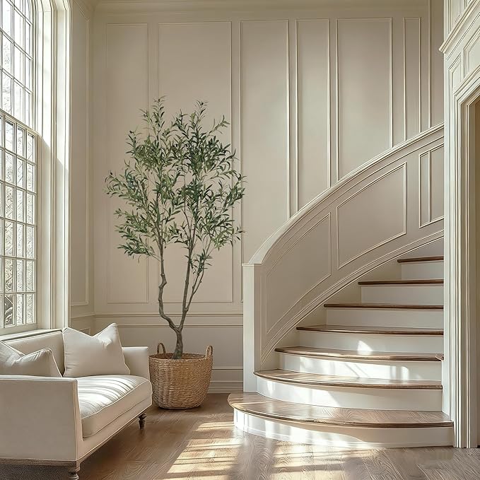 Faux Olive Tree 7.55ft(90in) Tall Artificial Plant Indoor Decor Large Realistic Potted Fake Modern Greenery with Natural Wood Branches and Green Leaves for Home Living Room,Bedroom,Office Decor