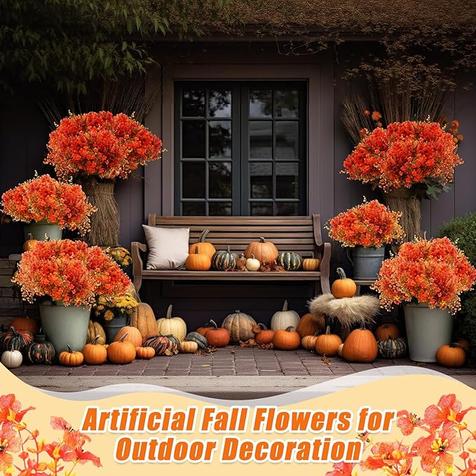 Mimorou 100 Bundle Fall Artificial Flowers Outdoor UV Resistant Autumn Orange Fake Plants Flowers Faux Plastic Greenery Decoration Shrub for Wedding Window Box Home Porch Fireplace Thanksgiving