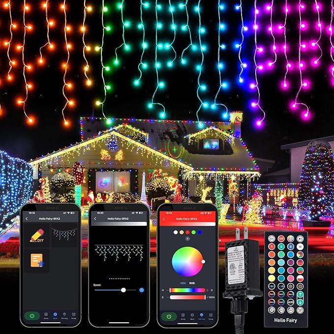 Brightown Smart Icicle Lights for Outside, 33Ft 304 LED RGB Smart Christmas Lights with 58 Preset Modes, App or Remote Control, Music Sync, Memory and Timer Function for Indoor/Outdoor Use