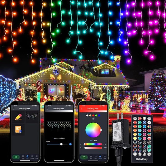 Brightown Smart Icicle Lights for Outside, 33Ft 304 LED RGB Smart Christmas Lights with 58 Preset Modes, App or Remote Control, Music Sync, Memory and Timer Function for Indoor/Outdoor Use