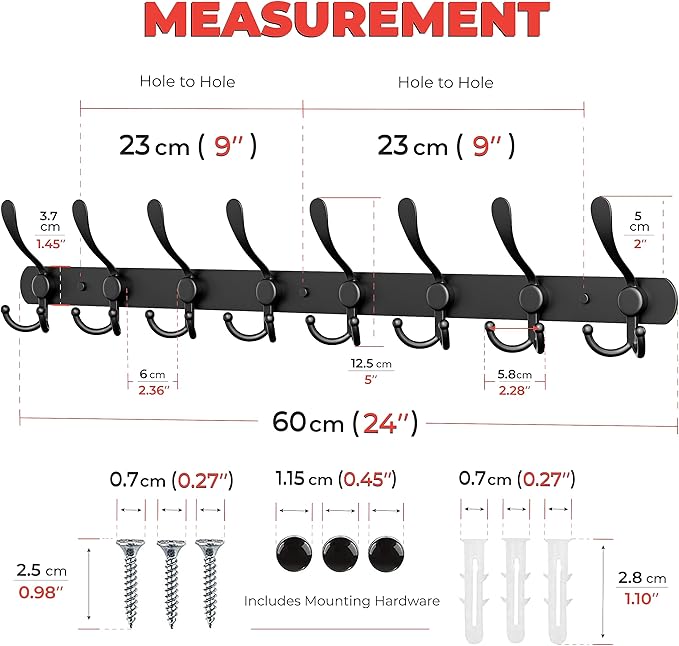 Coat Rack Wall Mount with 8 Tri Hooks, Stainless Steel 24 Inch – Black Matte Finish, Heavy Duty Wall Mounted Hook Rack for Coats, Hats, Towels, Scarfs, Robes, Bags, Entryway & Bathroom