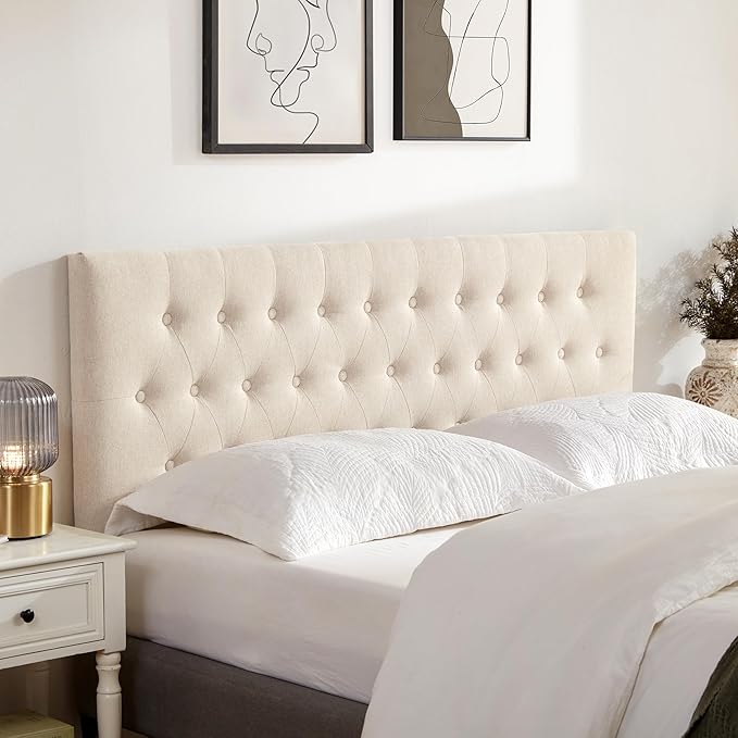 Tufted Upholstered Headboard King Size, Solid Wood Head Board with Durable Metal Legs, Adjustable Height Bed headboard from 37” to 51” Fabric Headboard in Modern Button Design, Beige
