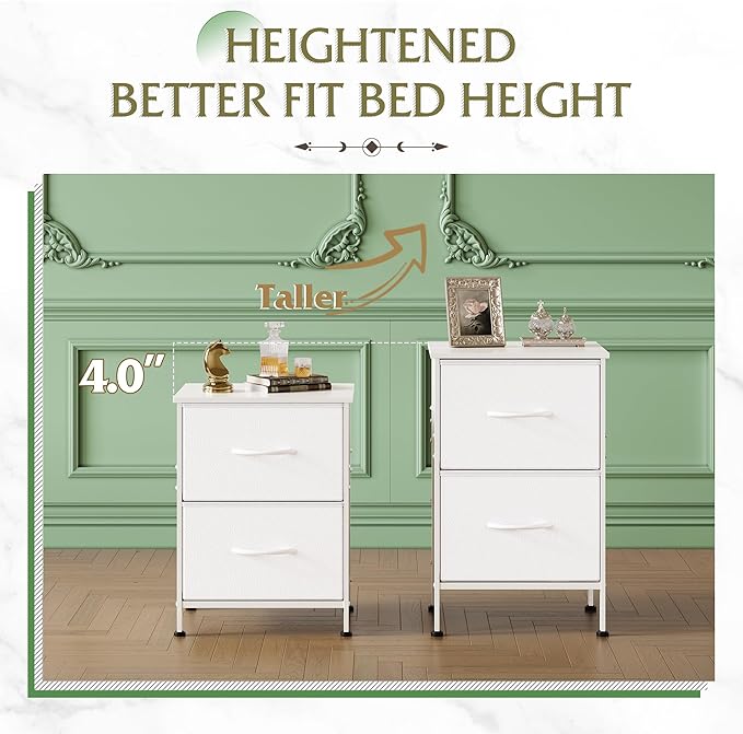 WLIVE White Nightstand, Night Stand with 2 Drawers, Small Dresser for Bedroom, Bedside Furniture, College Dorm, End Table with Fabric Bins, Dormitory, Size L