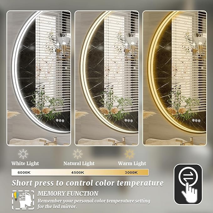 36 Inch Round LED Bathroom Mirror, Black Metal Framed Lighted Mirror for Bathroom, Wall Mouted LED Vanity Mirror with Lights, 3 Colors and Stepless Dimmable, Anti-Fog, Memory