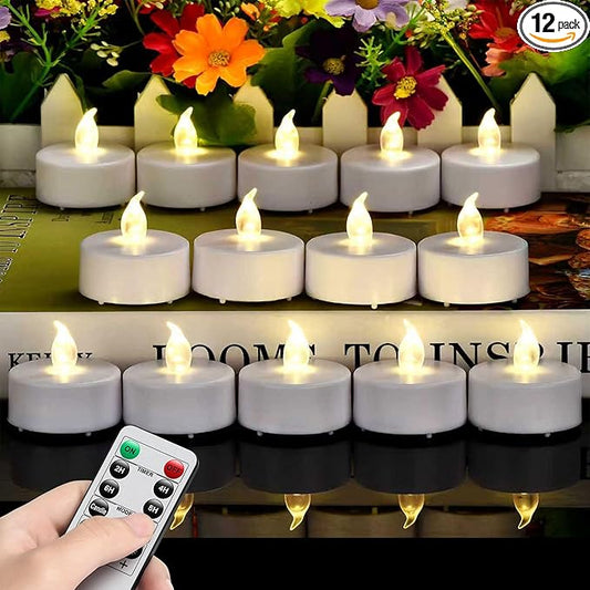Hanzim LED Tea Light Candles with Remote Control,Flickering Flameless Candle,Long Lasting 400+Hours,Battery Operated,with Timer for Home Decoration Seasonal &Festival Celebration WarmWhite (12pcs)