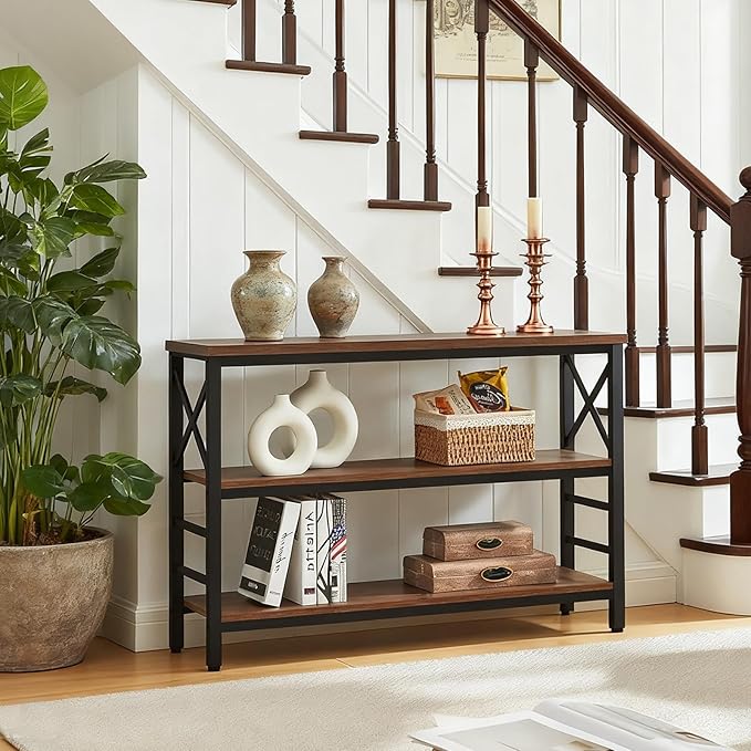 HOMBAZAAR Sofa Table,Industrial Console Table with Storage,Entryway Table with Engineered Wood and Metal,Rustic 3 Tier Shelf for Living Room,Hallway,Brown,47 Inch