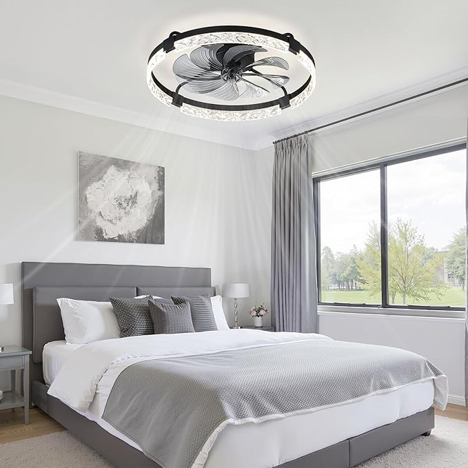 LEDIARY 24 Inch Ceiling Fans with Lights and Remote, Modern Dimmable Low Profile Ceiling Fan, Black Flush Mount Ceiling Fan with 3 CCT and 6 Speeds