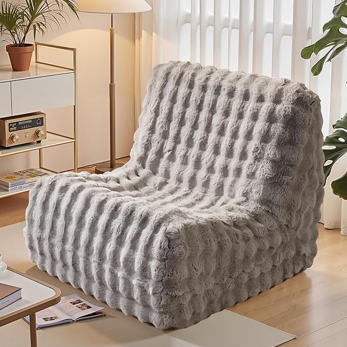 Modern Bean Bag Chair, Large Bean Bag Couch for Adults with Memory Foam Filled, Soft Faux Bunny Fur Lazy Chair for Living Room Bedroom Dorm Apartment, No Assembly Required, Grey