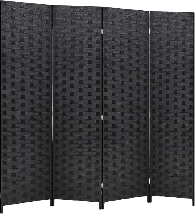 FDW Room Divider Wood Screen 4 Panel Folding Portable Partition Screens Wooden Mesh Woven Design Room Screen Divider for Home Office (Coal Black)