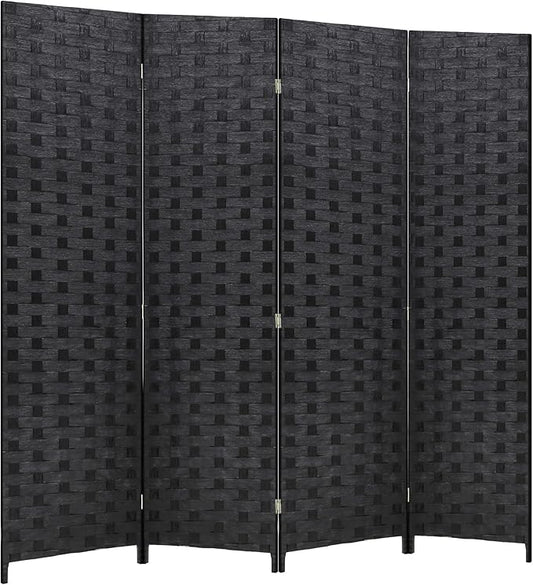 FDW Room Divider Wood Screen 4 Panel Folding Portable Partition Screens Wooden Mesh Woven Design Room Screen Divider for Home Office (Coal Black)