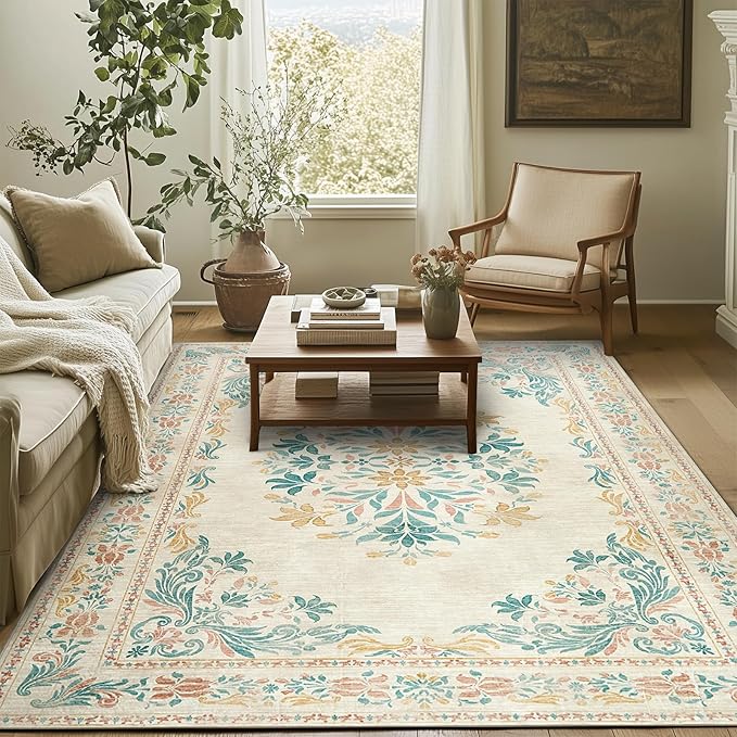 jinchan Floral 5x7 Area Rugs for Nursery - Machine Washable Vintage Distressed Design Soft Ultra-Thin Low-Pile Non-Slip Kids Carpet for Bedroom Living Room Dining Room Home Office (5x7ft,Apricot)