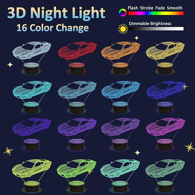 Attivolife Car 3D Gifts Lamp, Rally Vehicles Illusion Optical Night Light 16 Colors Changing with Remote Control, Kids Bedroom Decor Birthday Gift Present for Sports Racing Lover Children Boy Men