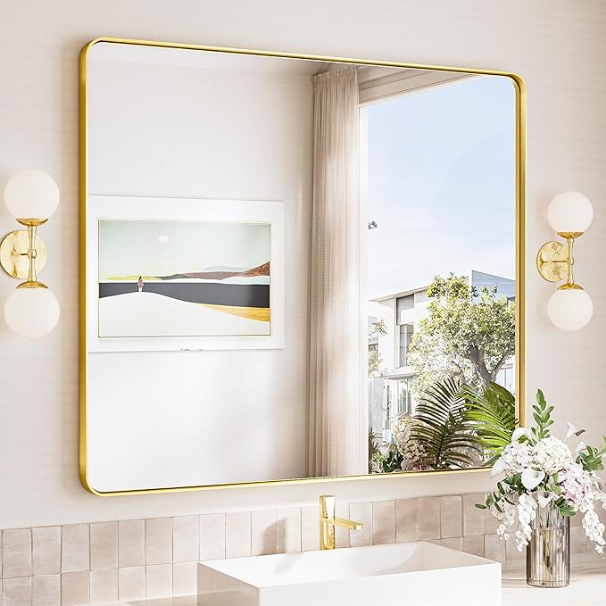 TokeShimi 42x36 Brushed Gold Bathroom Mirror for Over Sink,Bathroom Vanity Mirror with Tempered Glass, Modern Framed Wall Mirrors(Horizontal/Vertical)