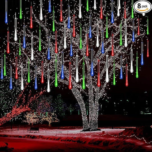 Kwaiffeo Icicle Christmas Lights Outdoor, Cascading Meteor Shower Lights for Xmas Tree Decor Wedding Party, Christmas Outdoor Decorations, 8-Tube, UL Plug Multi Colored