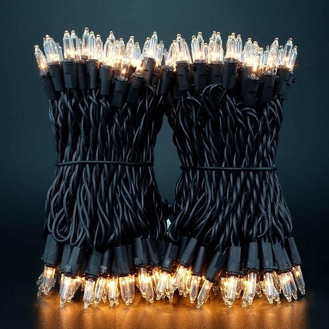 YULETIME Clear Christmas Lights with Black Wire, Pack of 2 Strands 33 Ft 100 Count UL Certified Incandescent Mini String Lights (Clear - Black Wire)