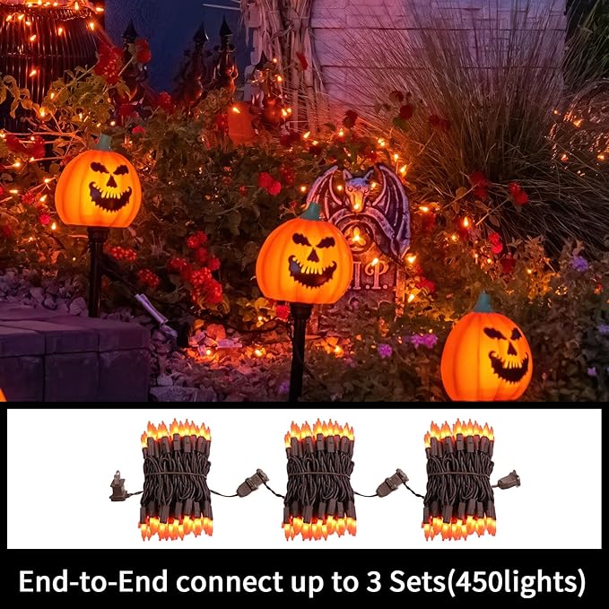 LAMPHOME 31.9FT 150-Count Halloween Decoration Lights with Brown Wire, String Lights for Holiday Decorations, Halloween Tree Lights, Holiday Party, Home, Indoor & Outdoor Use (Brown Wire Orange)