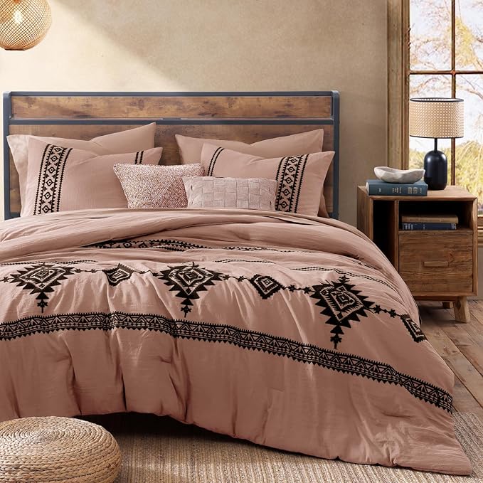 MaiRêve Embroidery Queen Size Comforter Set Dusty Pink, Boho Farmhouse Western Bedding Set 7 Pieces, All Season Bed in A Bag Comforter Set with Sheets, Pillowcases & Shams