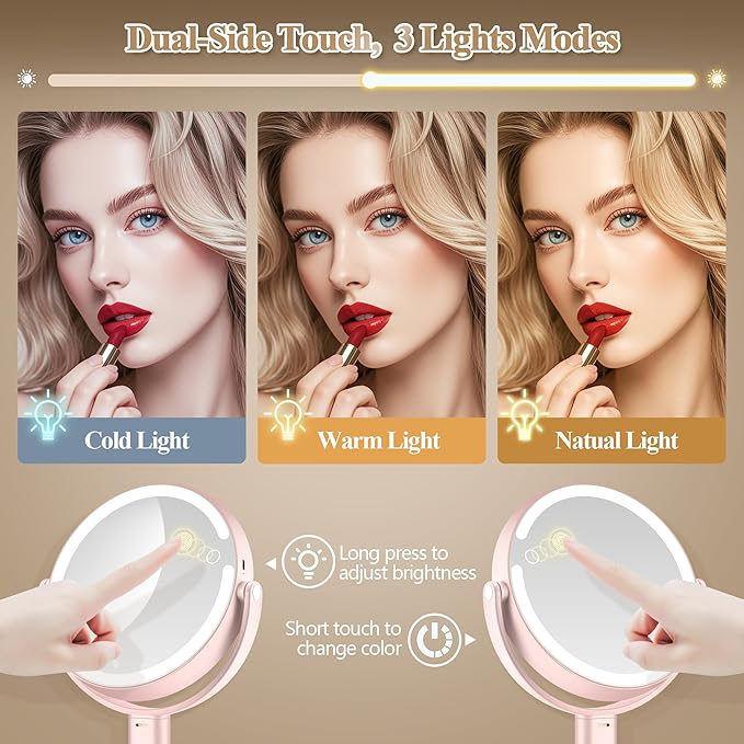 Makeup Mirror with Lights, Double Sided 1x/30x Magnifying Mirror with Light, Rechargeable 3 Color Lights and Adjustable Brightness, 360° Rotation Detachable Comes with Tweezer(Pink)