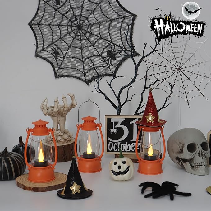 12-Pcs Orange Mini Lanterns Decorative for Halloween Thanksgiving, Fall Centerpiece for Table, Small Western Lantern with Flicker LED Candle for Cowboy Camping Christmas Wedding Decorations