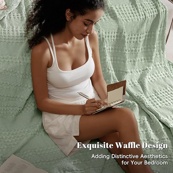 PHF 100% Cotton Waffle Weave Blanket Twin Size for Bed, Soft Lightweight & Breathable, All-Season Comfort, Luxury Aesthetic Woven Bedding for Home Decor, 66"x90", Mint Green