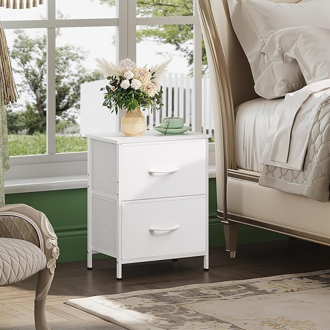 WLIVE White Nightstand, 2 Drawer Dresser for Bedroom, Small Night Stand with Fabric Drawers, Bedside Furniture, End Table for Bedroom, Closet, Entryway, College Dorm