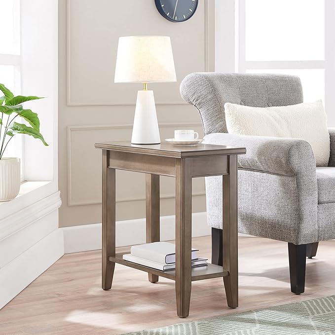 Leick Home Laurent 12 in. Narrow End Side Table, Solid Wood with Shelf, Smoke Gray, 10505-GR
