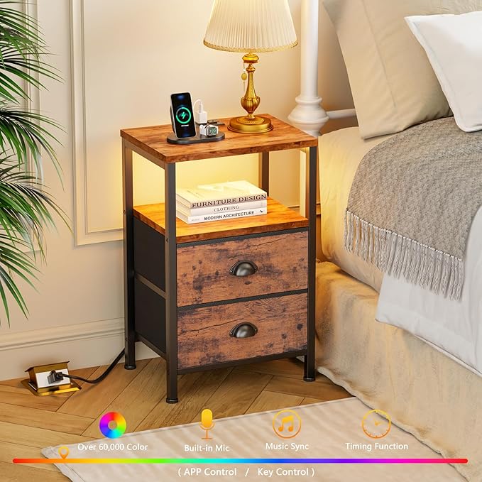 Furologee Nightstands Set of 2 Charging Station, End Tables with LED Lights, Nightstands with 2 Fabric Drawers and Shelves, Bedside Tables for Living Room/Bedroom,Rustic Brown