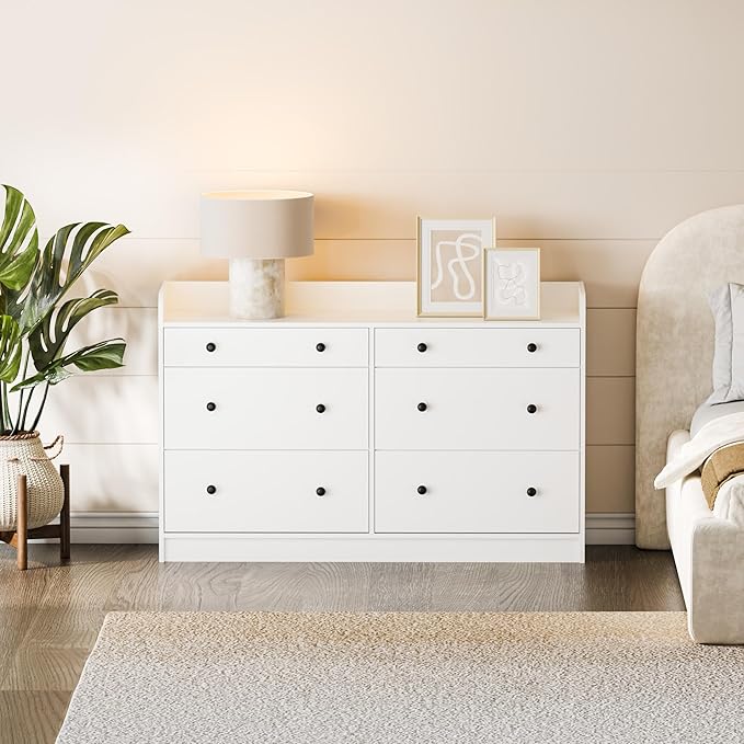 Cozy Castle Baby Dresser with 6 Drawers and Large Table Top, Multi-Functional Chest of Drawer, Drawer Dresser with Three-Sided High Rails for Nursery, Children's Room, Bedroom, White