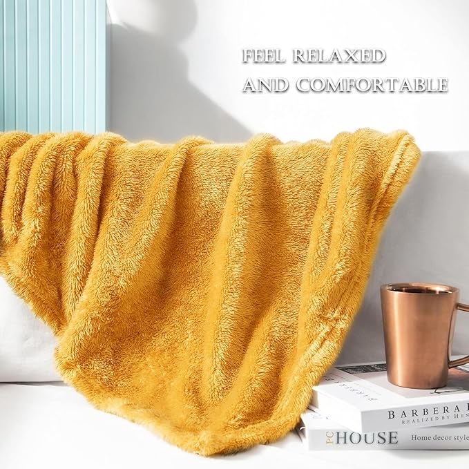Exclusivo Mezcla Plush Fuzzy Fleece Throw Blanket Extra Large, Super Soft, Fluffy and Warm Blankets for Couch, Bed, Suitable for All Seasons (50x70 Inches, Mustard Yellow)
