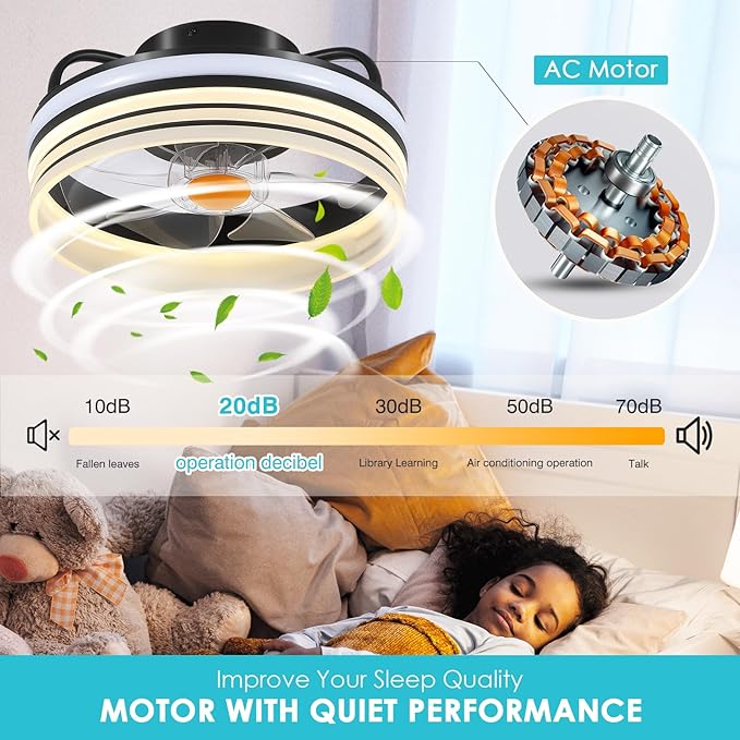 Flush Mount Ceiling Fan with Light - Small Low Profile Ceiling Fan,13" RGB Dimmable LED Bladeless Ceiling Fans, Modern Enclosed LED-RGB Ambient Light for Bedroom, Kids Room, Party