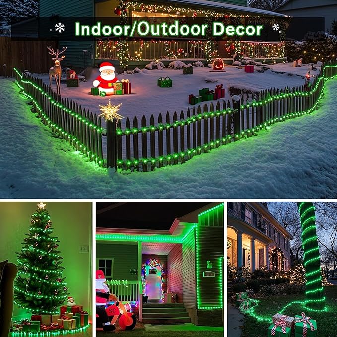 JMEXSUSS 2 Pack Green Christmas Lights Battery Operated Rope Lights Outdoor Waterproof, Each 33 ft 100 LED Battery Powered String Lights with Remote, Green Lights for Tree Garden Christmas Decor
