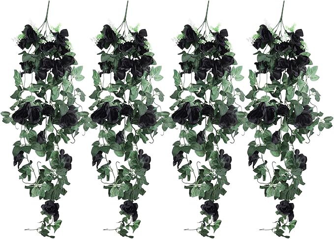 RECUTMS Artificial Rose Vine Hanging Plants 4Pieces 3.3Ft Flowers for Home Room Garden Wedding Indoor Outdoor Decoration (Black)