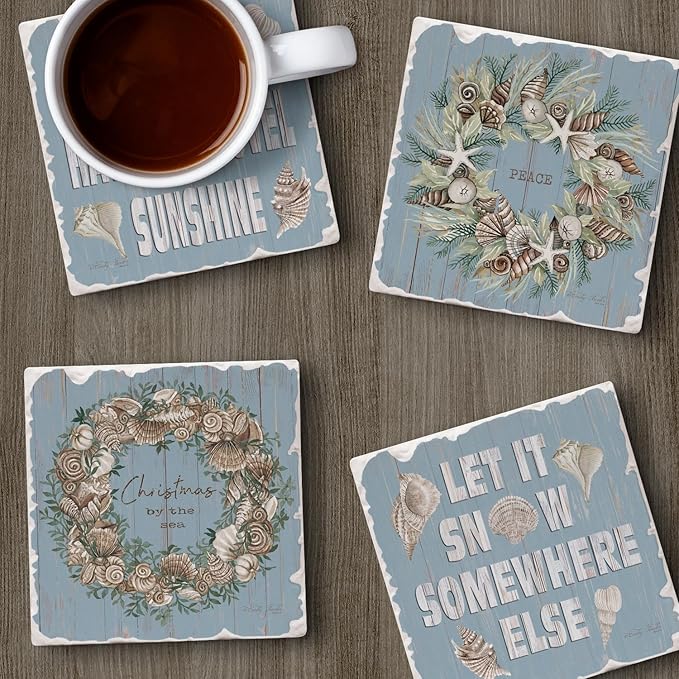Thirstystone Let It Snow 4 Pack Assorted Tumbled Tile Stone Coasters with Protective Cork Backing 4" Square Manufactured in The USA