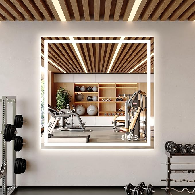Koonmi Home Gym Mirror, 47"x47" Heavy Duty Large Seamless Tempered Glass Wall Mirrors with LED Lights for Gym, Workout, Yoga, Fitness, Dance Studio, Home, Exercise Room, Bathroom