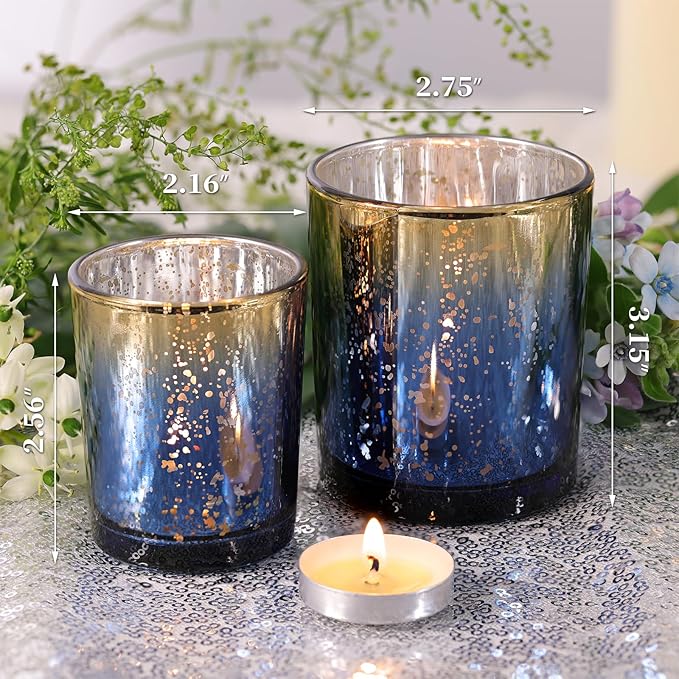 Volens 12pcs Assorted Navy Votive Candle Holders, Large Speckles Mercury Glass Votive & Tealight Candle Holder Bulk for Wedding Table Centerpiece, Navy and Gold Themed Party Decorations and Home Decor