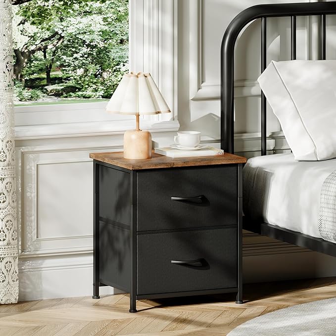 Somdot Nightstand, Small Dresser for Bedroom with 2 Drawers, Bedside Table Night Stand End Table with Fabric Bins for Bedroom Kids Closet Dorm Guest Room, Black Rustic Brown