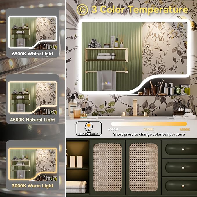 32"x 48" LED Bathroom Mirror with Shelf, 3 Colors Backlit Vanity Mirror with Lights, Wall-Mounted Large Bathroom Mirror with Lights, Smart Mirror with Anti-Fog, Stepless Dimmable, Memory (UL, ETL)