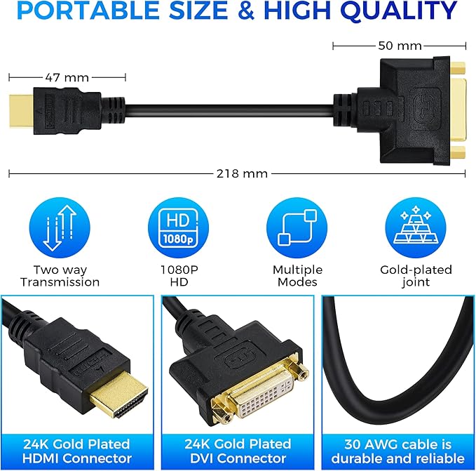 HDMI Male to DVI Female Adapter (2 Pack)，Bi-Directional DVI Female to HDMI Male Connector, Support 1080P Full HD Compatible for Roku, Xbox One, PS5，PS4，Blue-ray DVD, A/V Receivers-0.6ft