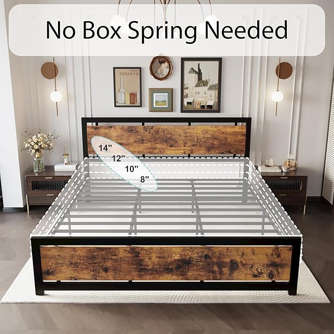 LIKIMIO King Bed Frame with Headboard and Footboard, Metal Strong Supports, Easy Assembly, Noise-Free, No Box Spring Needed, Vintage Brown