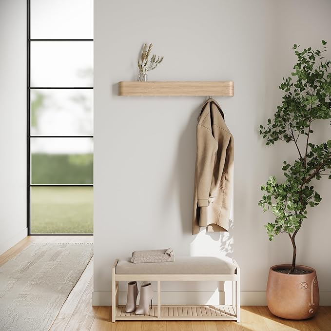 Kazai. Wall-Mounted Coat Rack 'Toke' - Modern Design Coat Rack with Hidden Wall Hooks - Solid Wood Veneer Panel Coat Hanger - Oak, White