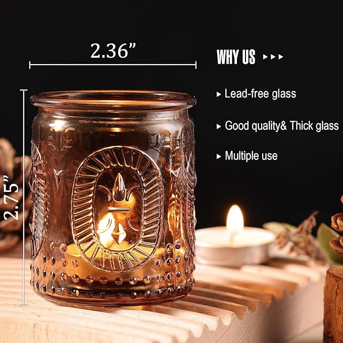 12 Pcs Vintage Amber Votive Candle Holders- Glass Amber Candle Holder for Centerpiece Table Decorations, Tea Light Candle Holders for Wedding Decor, Fall Decor, Thanksgiving and Christmas